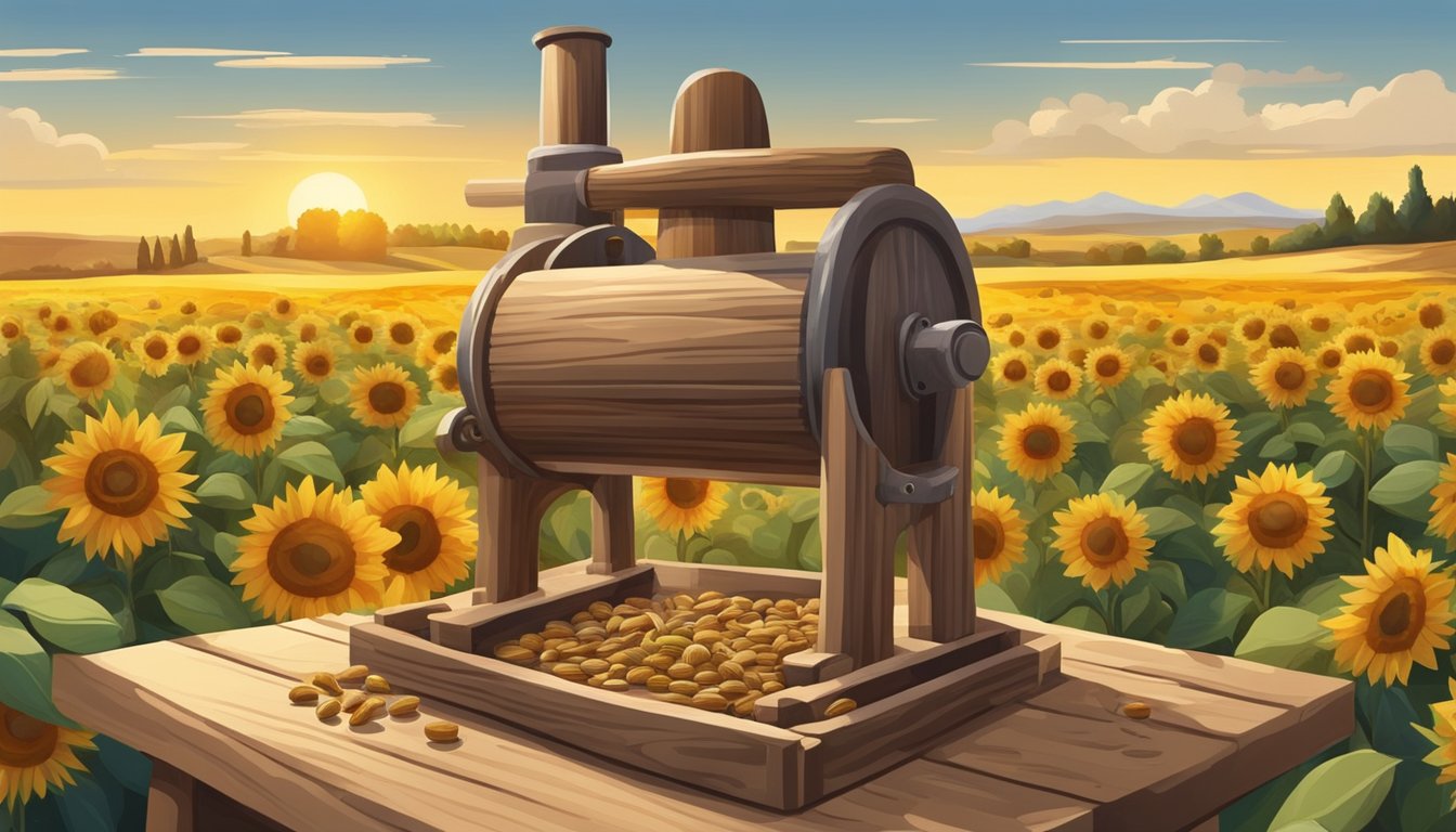 A serene countryside landscape with a rustic wooden press extracting oil from a variety of seeds and nuts, surrounded by fields of sunflowers and olives