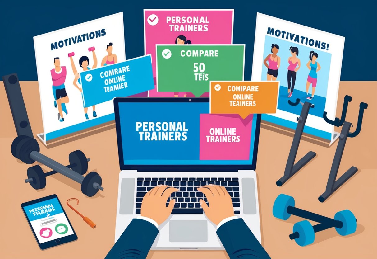 A person using a laptop to compare different online personal trainers, surrounded by fitness equipment and motivational posters