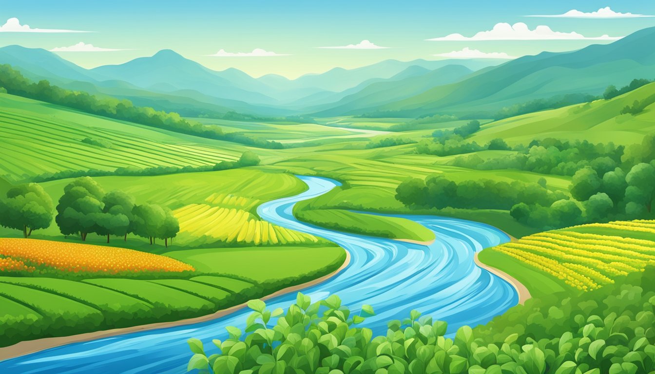 A lush green landscape with a flowing river, surrounded by fields of vibrant, organic crops and a clear blue sky