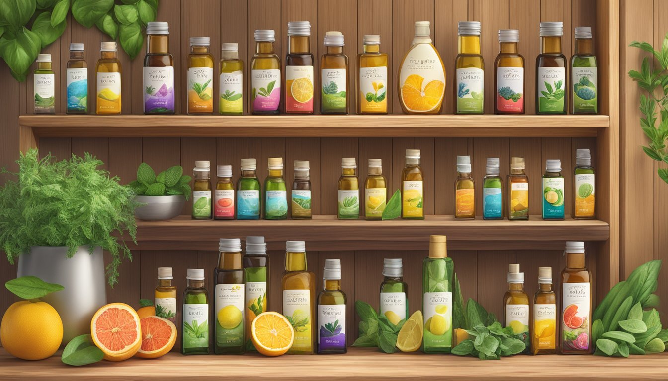 Bottles of Sky Organics cold-pressed oils arranged on a wooden shelf, surrounded by vibrant, fresh ingredients like herbs and fruits