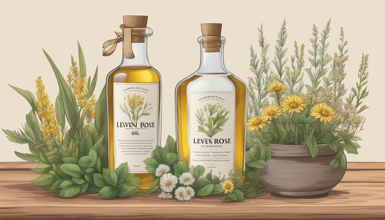 A glass bottle of Leven Rose cold-pressed oil sits on a wooden shelf, surrounded by dried herbs and flowers. A label with the product name is affixed to the bottle