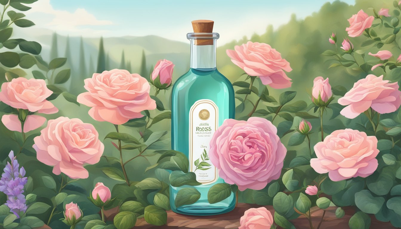 A serene landscape with a blooming rose bush surrounded by various plants and flowers, with a bottle of Leven Rose cold pressed oil placed in the center