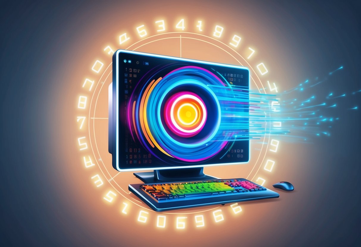 A computer with colorful spinning patterns, emitting light, surrounded by a shield of glowing numbers and symbols