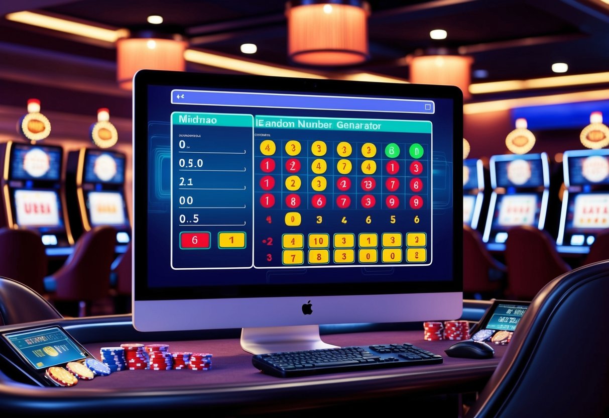 A casino setting with a computer screen displaying a random number generator algorithm, surrounded by gaming equipment and a professional atmosphere