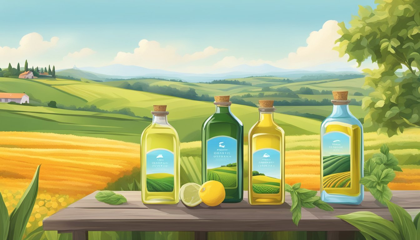 A serene countryside landscape with fields of organic crops and a clear blue sky, featuring bottles of Sky Organics cold-pressed oils