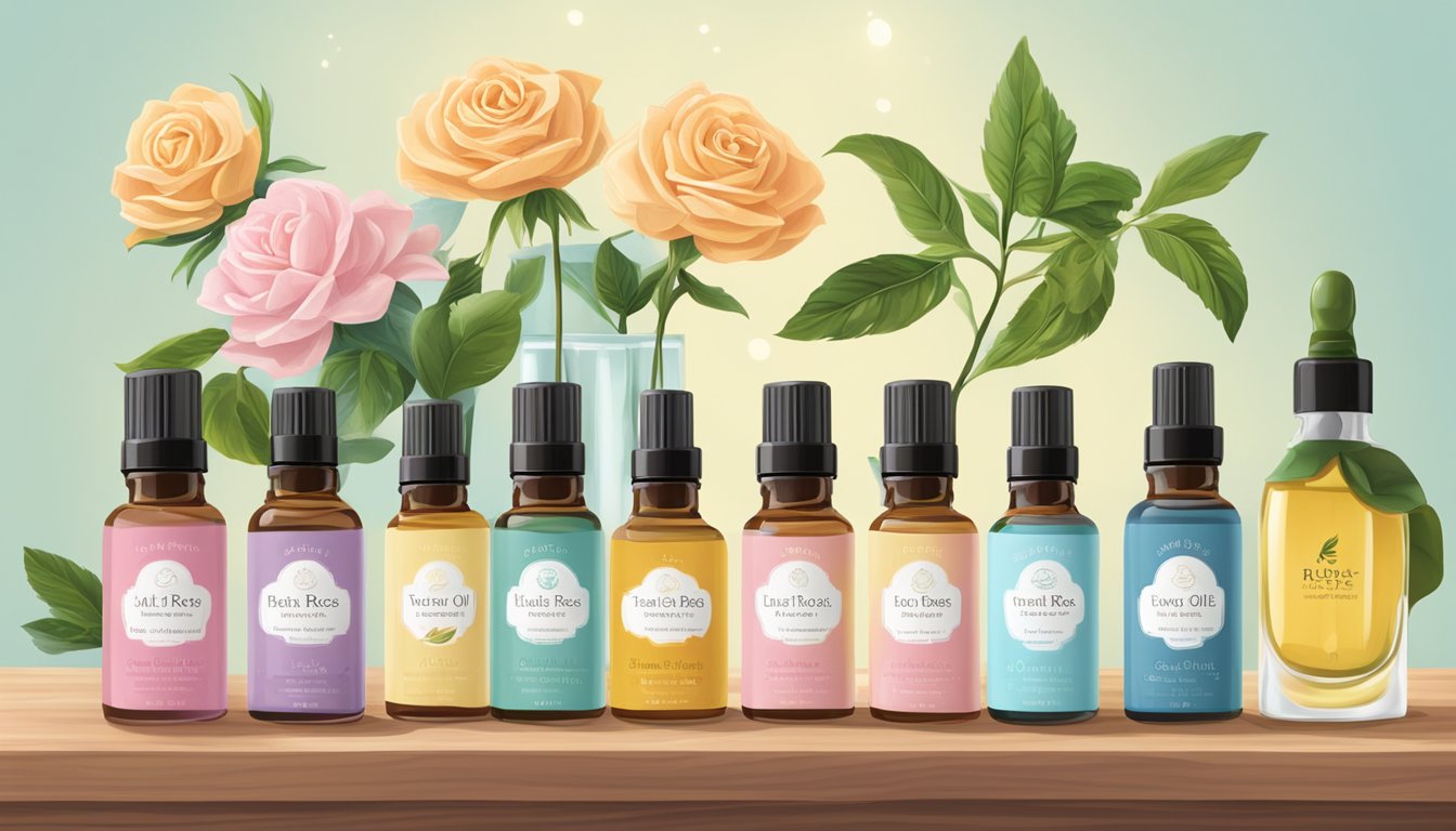 A variety of Leven Rose oils arranged on a wooden shelf with soft natural lighting