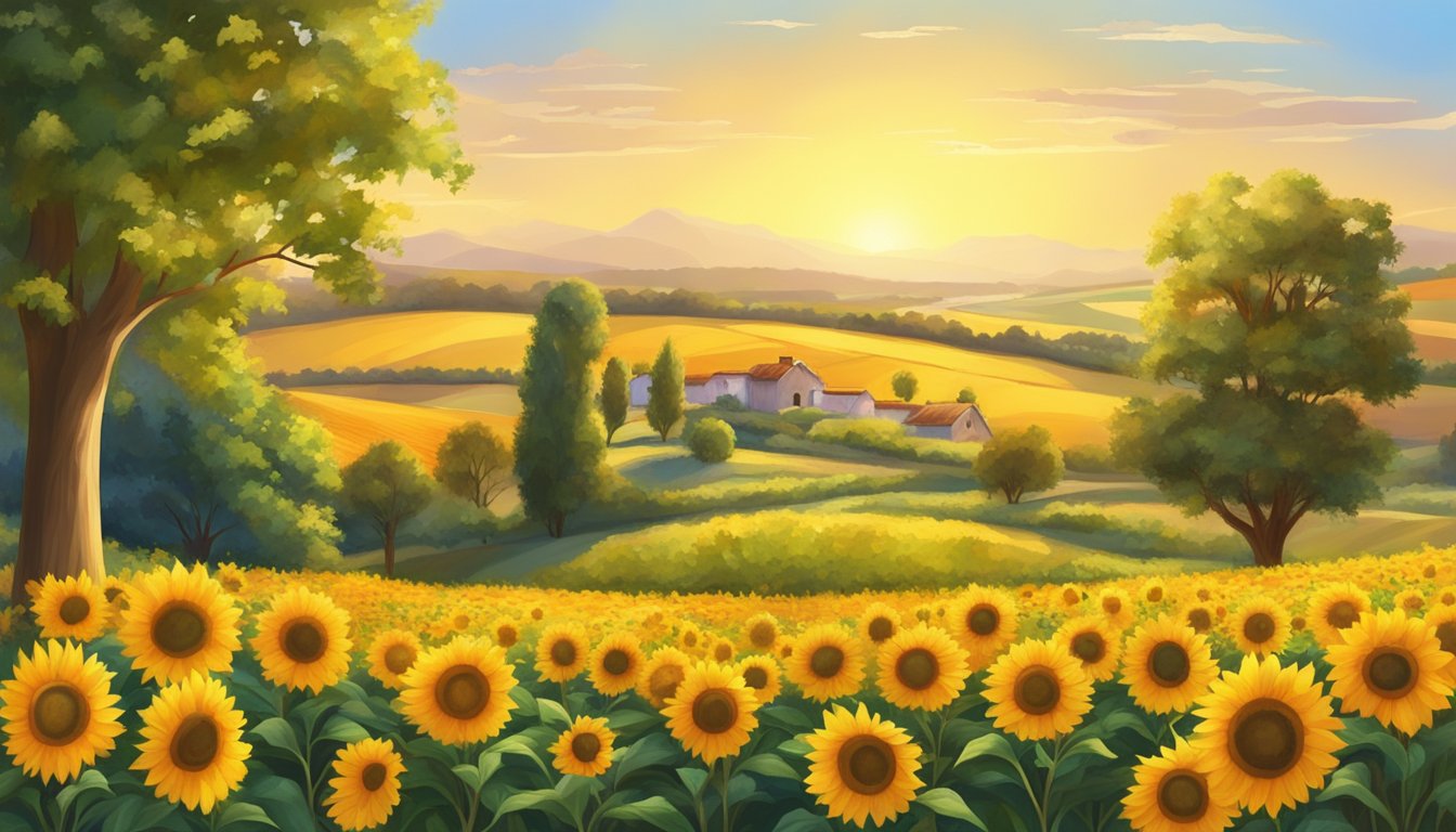 A serene orchard bathed in golden sunlight, with ripe fruits and vibrant flowers, surrounded by fields of sunflowers and flax