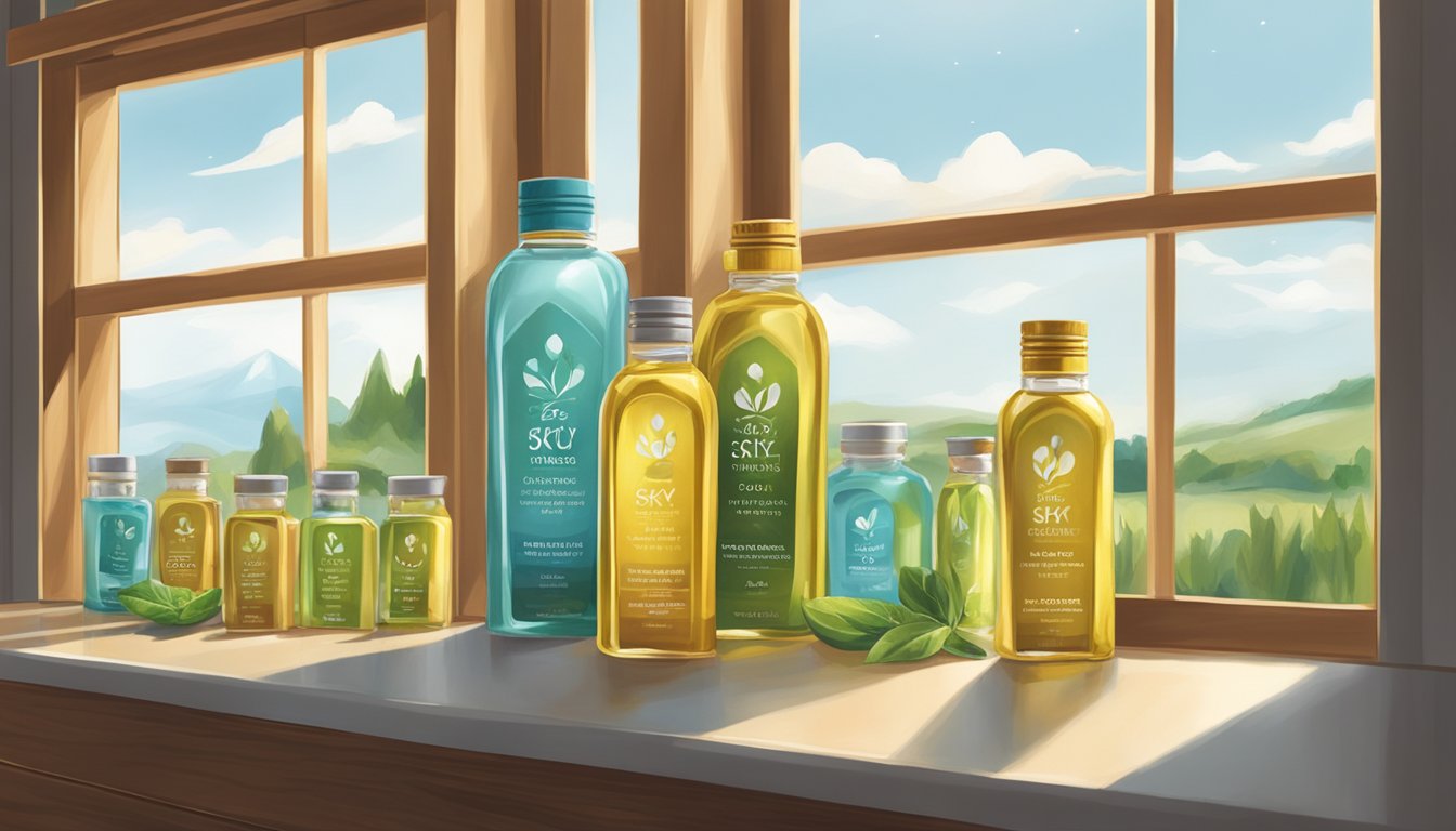 Bottles of Sky Organics cold-pressed oils arranged on a wooden shelf with soft natural light filtering in from a nearby window