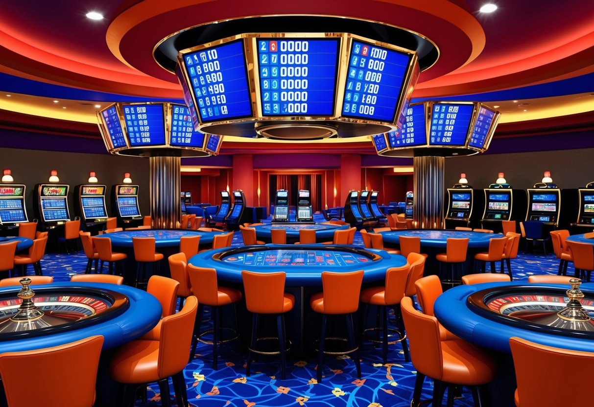 A colorful casino setting with digital screens displaying random number sequences, surrounded by gaming tables and machines