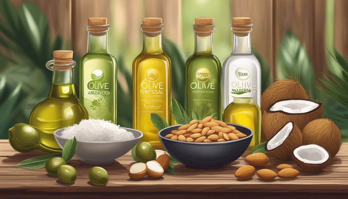 A variety of cold pressed oils, such as olive, coconut, and almond, displayed on a rustic wooden table with fresh ingredients in the background