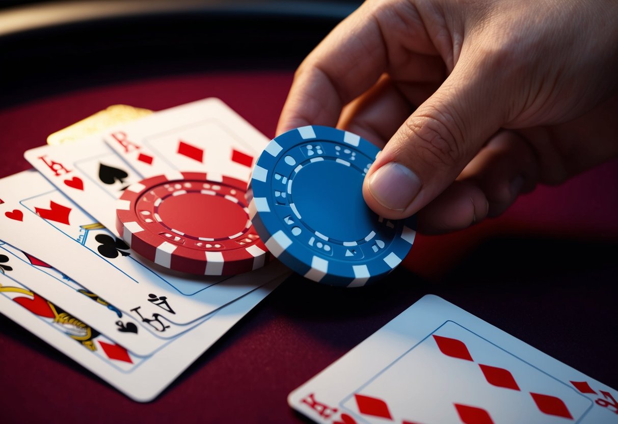 A casino chip being pulled from a deck of cards by a hand