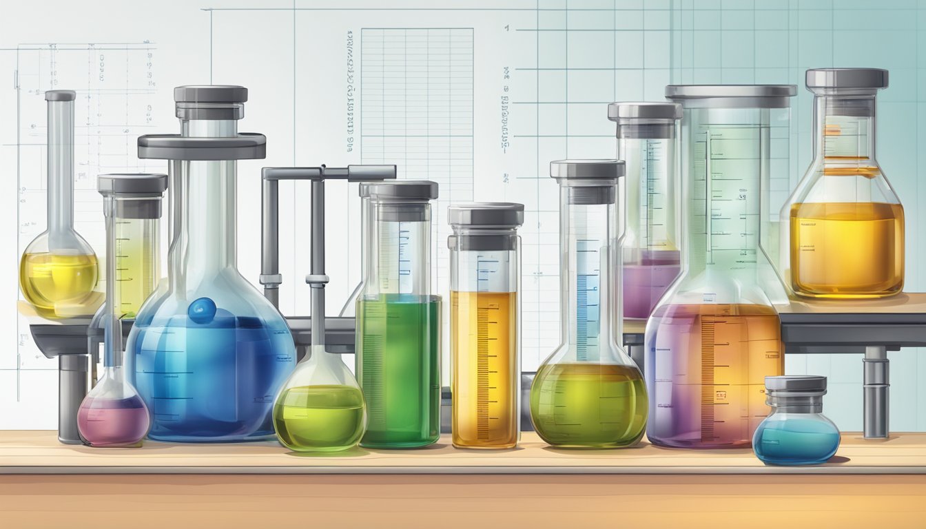 A laboratory bench with various vials and test tubes containing different oils, alongside a chart displaying fatty acid profiles