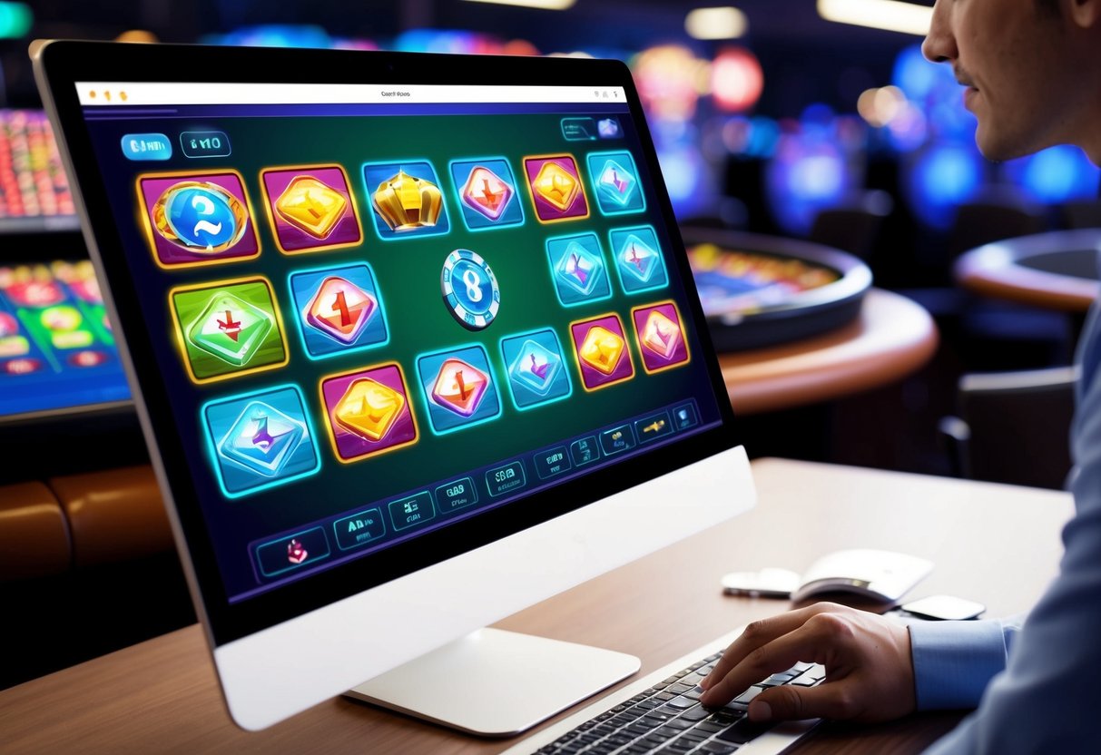 A computer screen displaying a digital casino game with colorful graphics and animations, while a complex algorithm runs in the background to generate random numbers for fairness