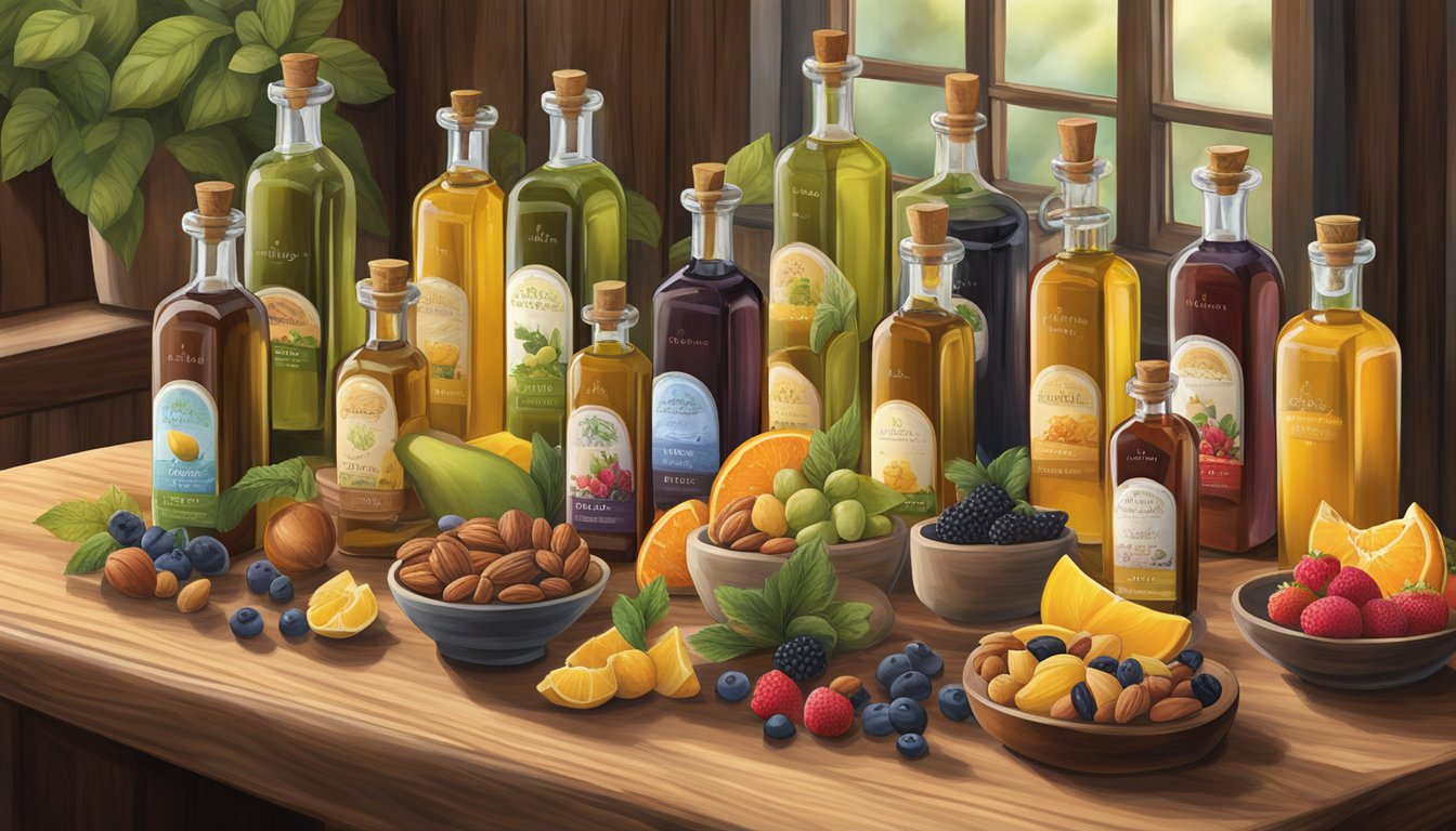 A rustic wooden table displays a variety of Napa Valley Naturals cold-pressed oils in elegant glass bottles, surrounded by fresh fruits and nuts