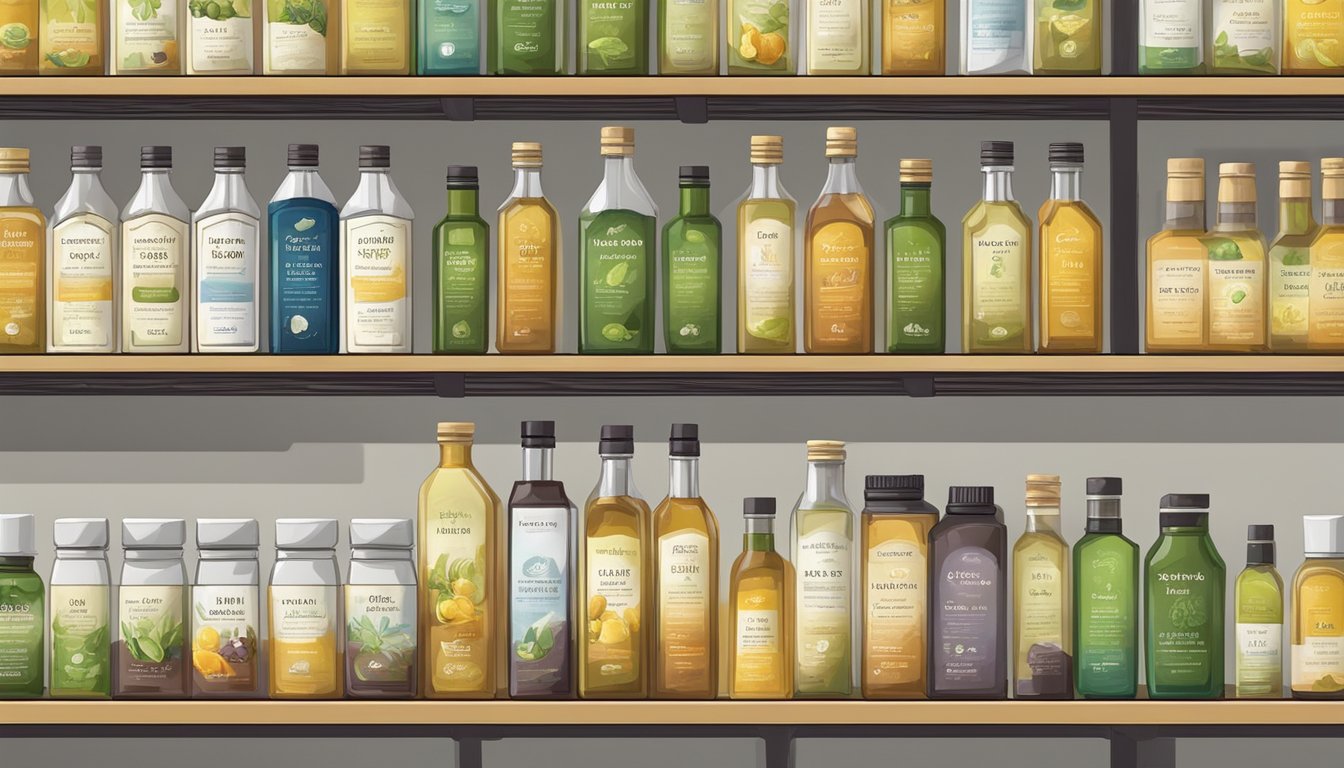 Bottles of cold-pressed oils on a clean, organized shelf with a label indicating storage and shelf life information