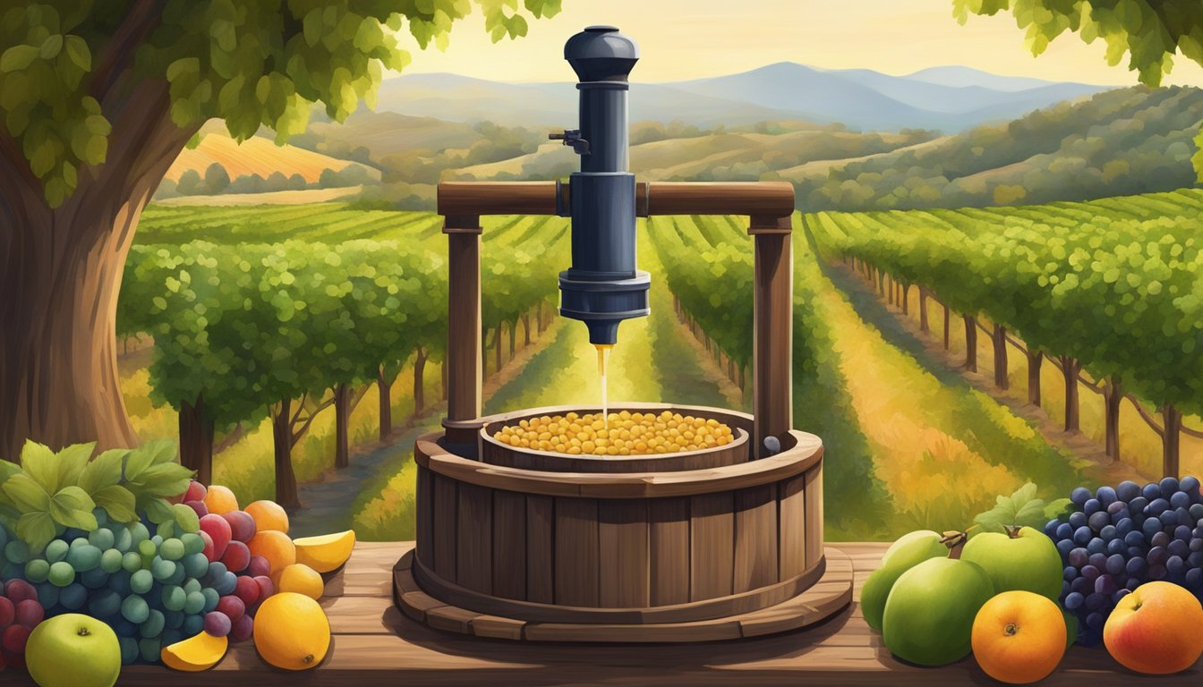 A rustic wooden press extracting oil from a variety of colorful fruits and seeds, surrounded by lush green vineyards in Napa Valley