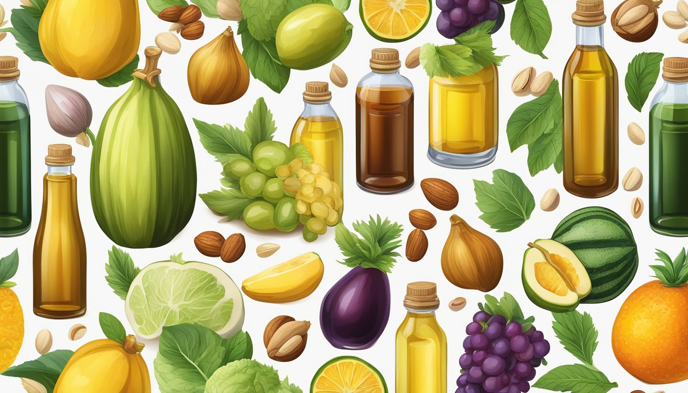 A variety of fresh fruits, vegetables, and nuts are arranged around bottles of cold-pressed oils, emphasizing their nutritional properties and dietary benefits