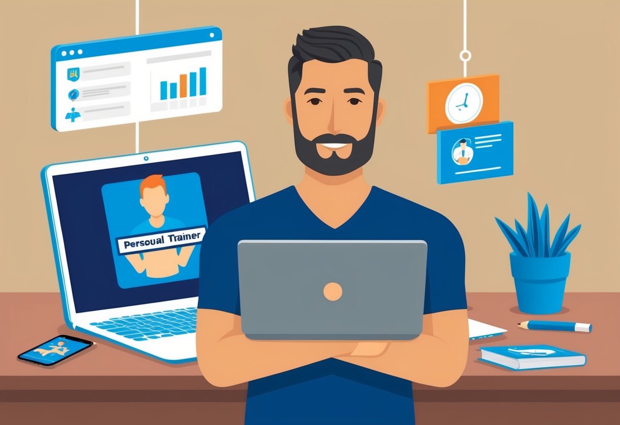 A personal trainer standing in front of a laptop, providing online training resources and FAQs