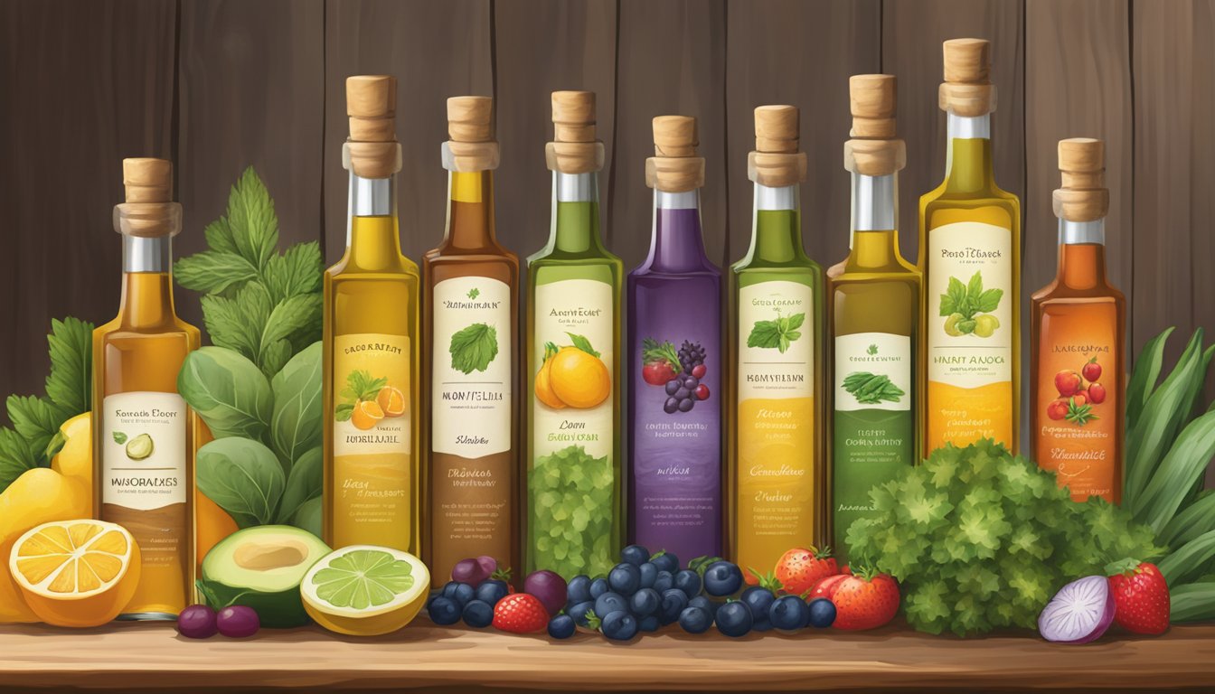 A rustic wooden table displays a variety of Napa Valley Naturals cold pressed oils, surrounded by fresh fruits, vegetables, and herbs