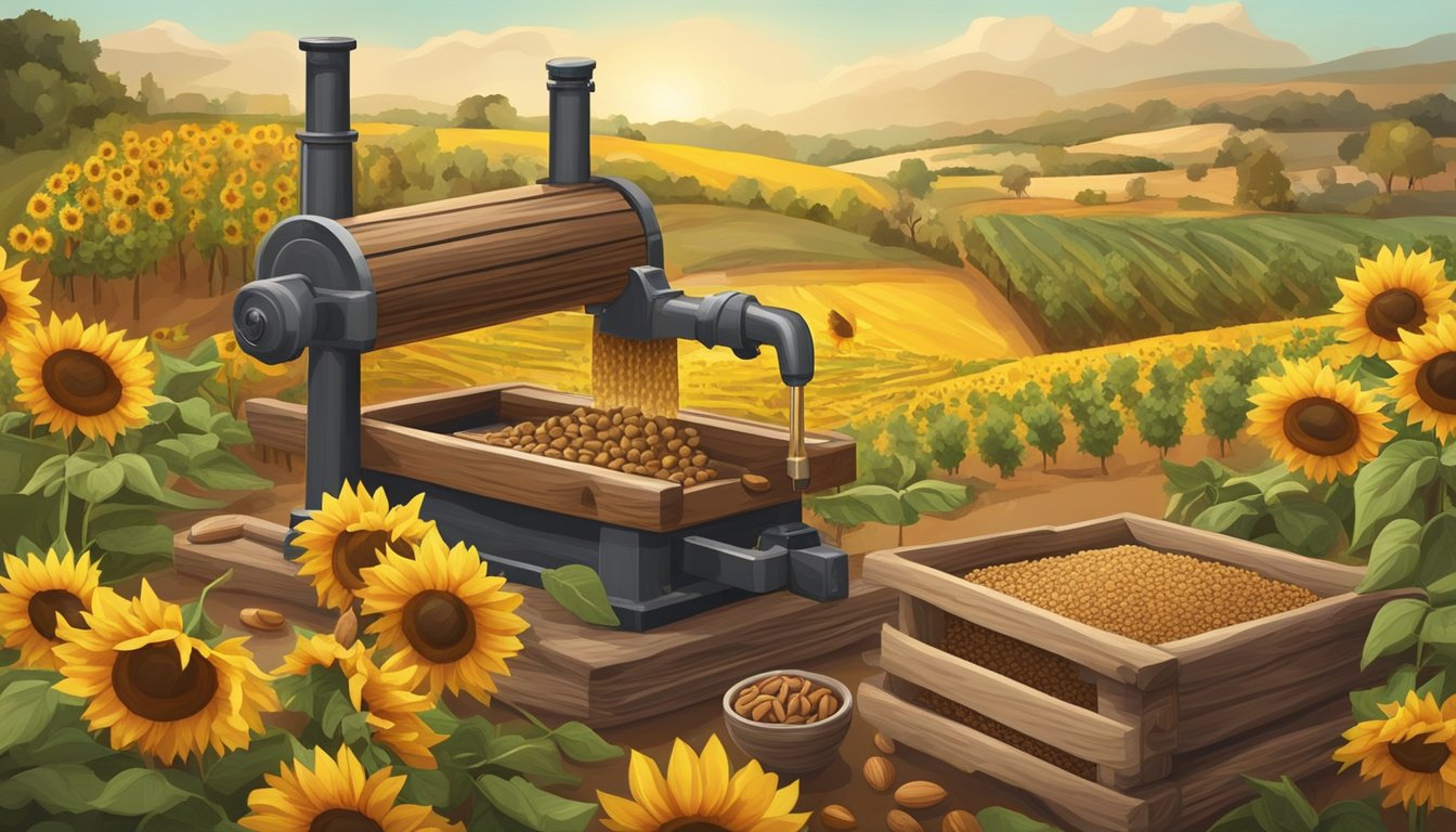 A rustic wooden press extracting oil from a variety of seeds and nuts, surrounded by fields of sunflowers and olives