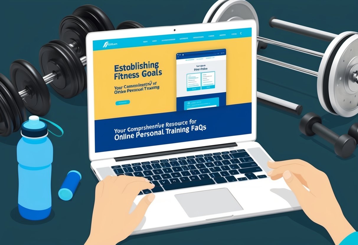 A laptop open on a desk, surrounded by fitness equipment and a water bottle, with a website titled "Establishing Fitness Goals Your Comprehensive Resource for Online Personal Training FAQs" displayed on the screen