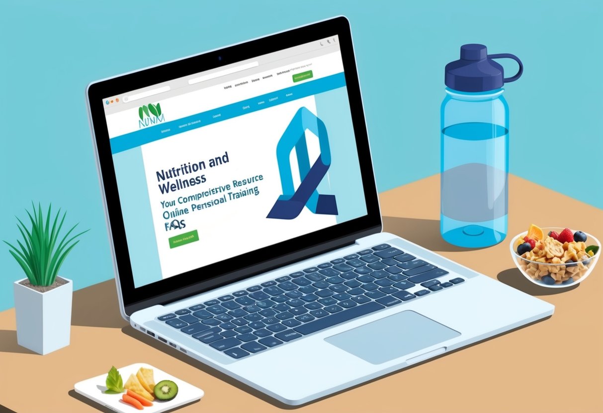 A laptop displaying a webpage with "Nutrition and Wellness Your Comprehensive Resource for Online Personal Training FAQs" at a desk with a water bottle and healthy snacks