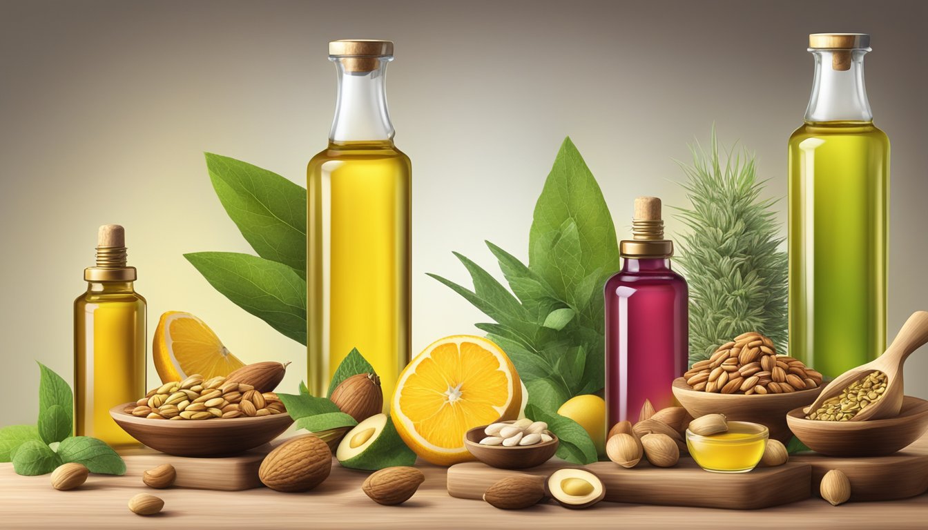 Three bottles of cold pressed oils surrounded by their specific ingredients - seeds, nuts, and fruits - arranged in a natural and organic setting