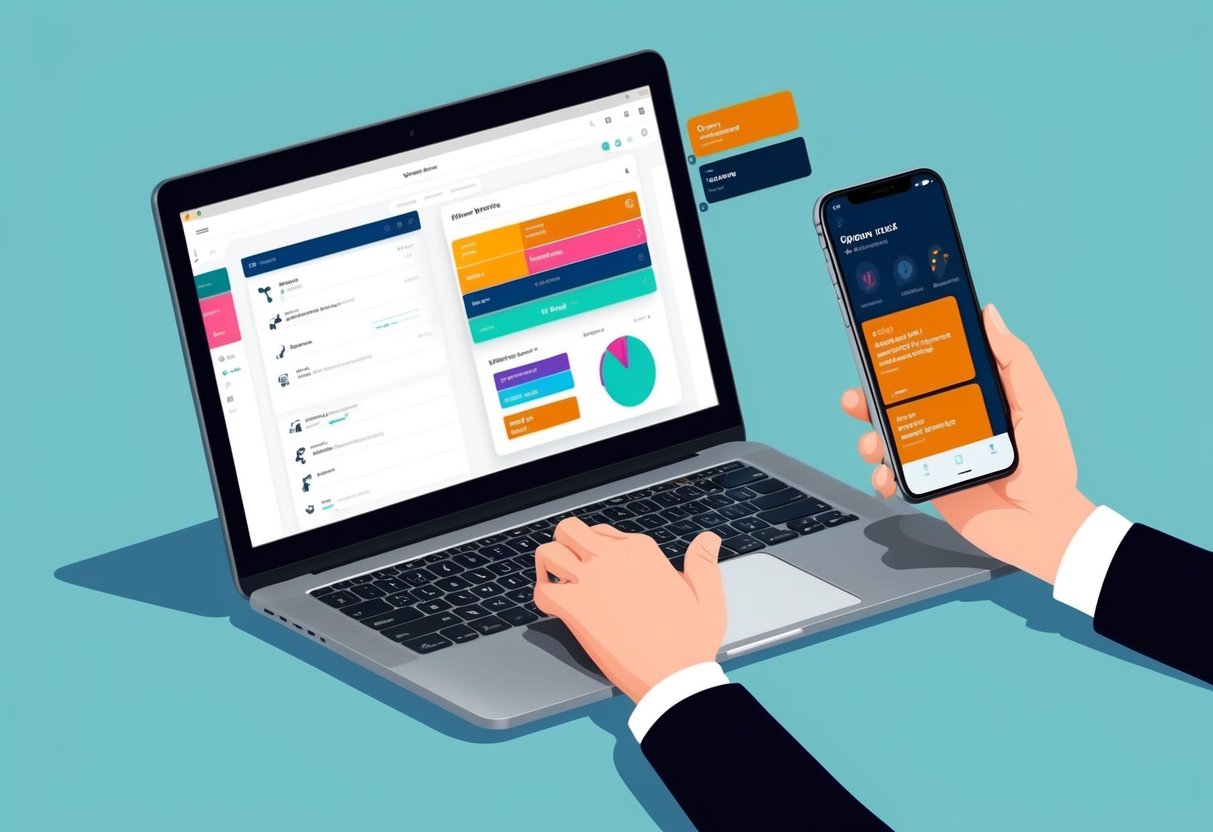 A laptop with a fitness app open, displaying workout plans and progress tracking. A smartphone with notifications for virtual training sessions