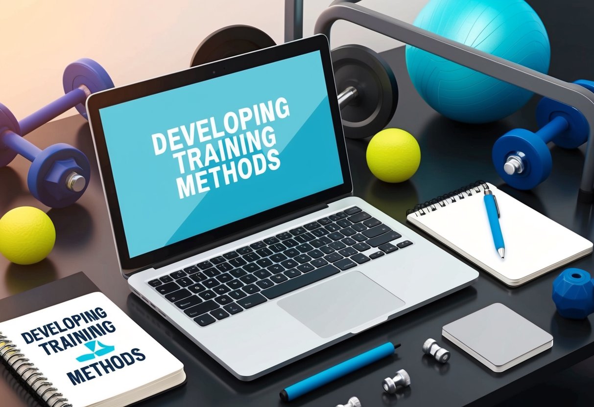 A laptop open on a desk, surrounded by fitness equipment and a notebook with the title "Developing Training Methods"