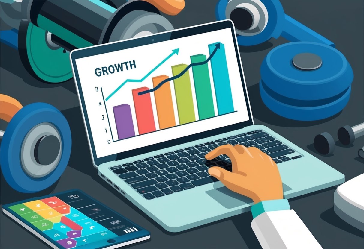 A laptop surrounded by fitness equipment with a graph showing growth and marketing strategies on the screen