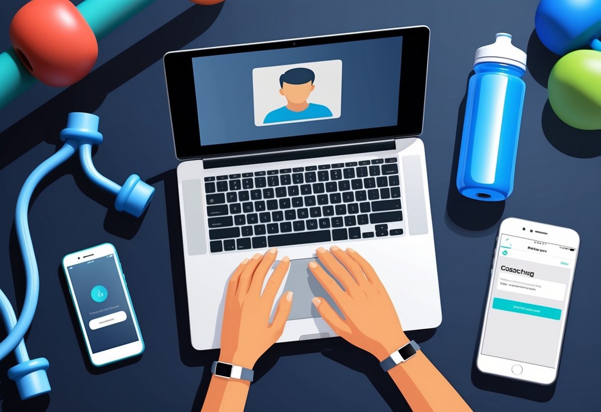 A laptop open on a desk, surrounded by fitness equipment and a water bottle. A phone with a coaching app is next to it