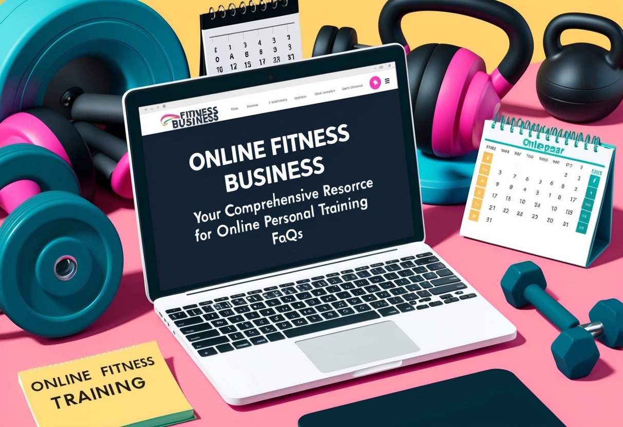 A laptop displaying a webpage with "Online Fitness Business Your Comprehensive Resource for Online Personal Training FAQs" surrounded by workout equipment and a calendar
