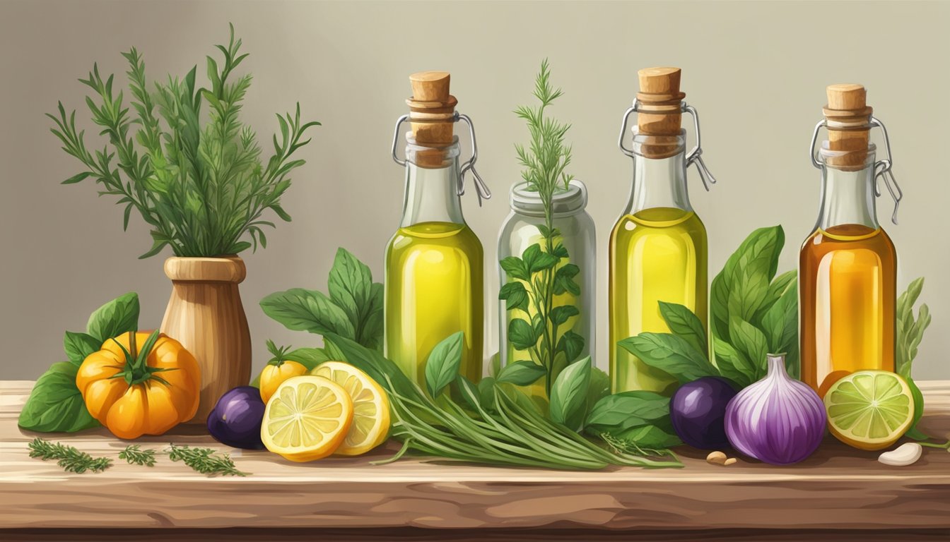 A rustic wooden table displays three bottles of cold pressed oils, surrounded by fresh herbs and colorful vegetables