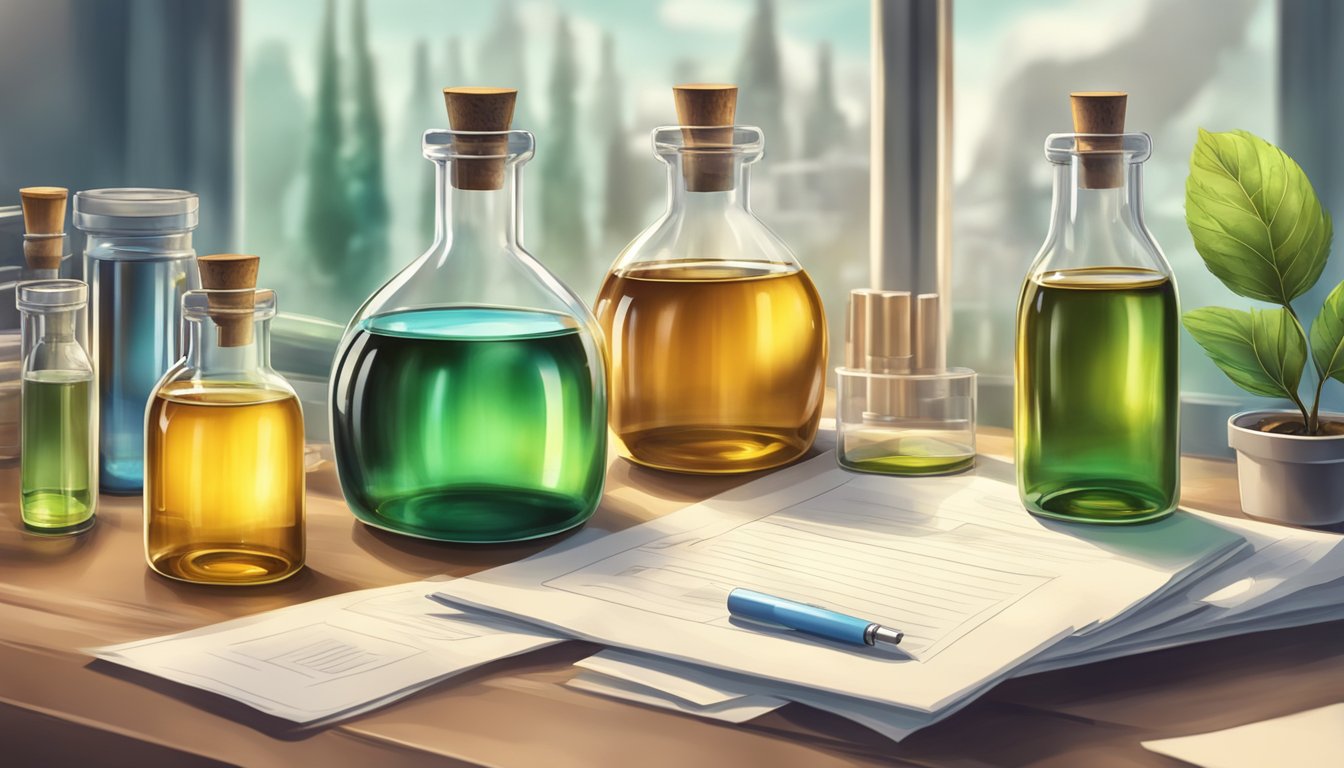 Three glass bottles of cold pressed oils surrounded by scientific research papers and laboratory equipment