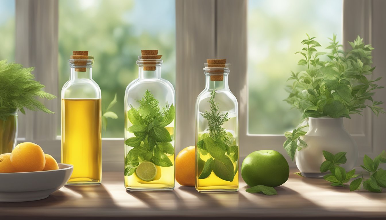 A trio of cold-pressed oil bottles surrounded by fresh herbs and fruits, with soft natural lighting streaming in from a nearby window