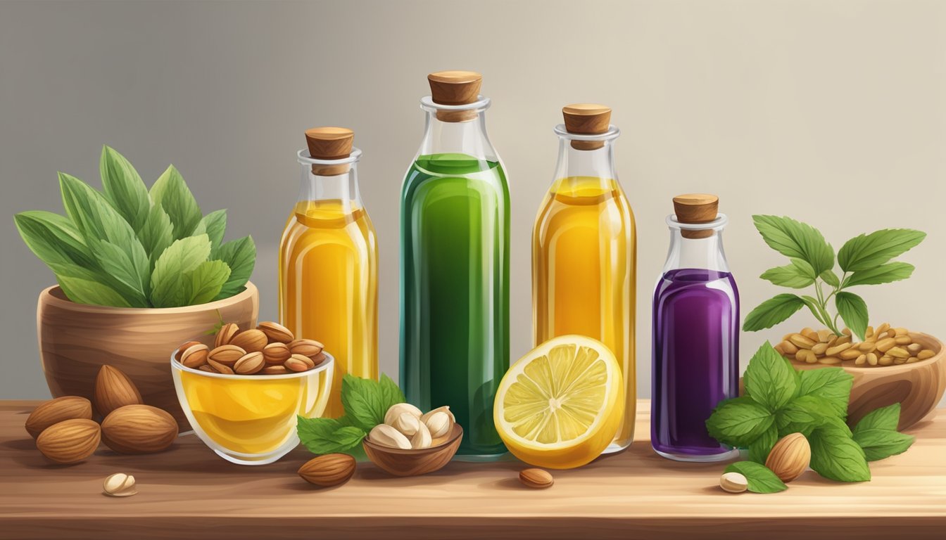 A wooden table with three glass bottles of cold-pressed oils, surrounded by fresh ingredients like herbs, fruits, and nuts