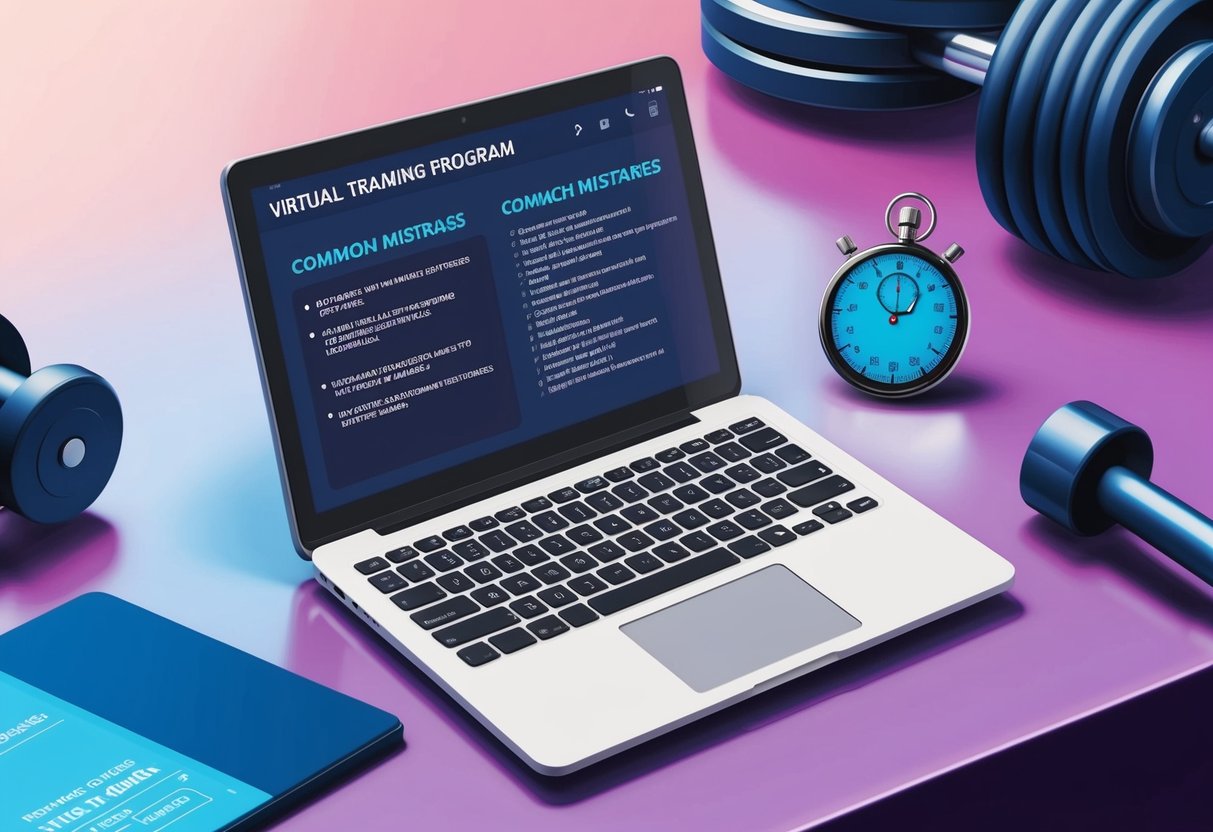 A laptop displaying a virtual training program with a list of common mistakes, surrounded by fitness equipment and a stopwatch