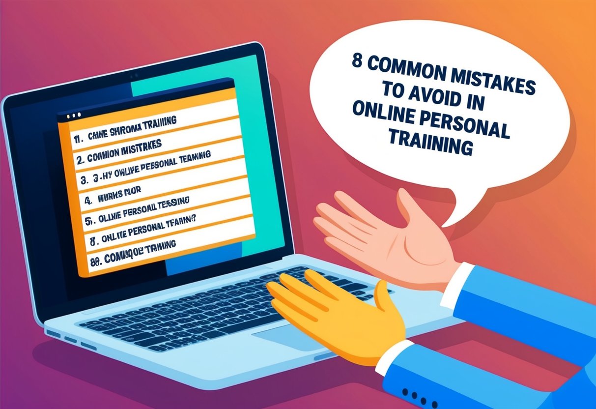 A laptop displaying a list of "8 Common Mistakes to Avoid in Online Personal Training" with a speech bubble and a supportive hand reaching out