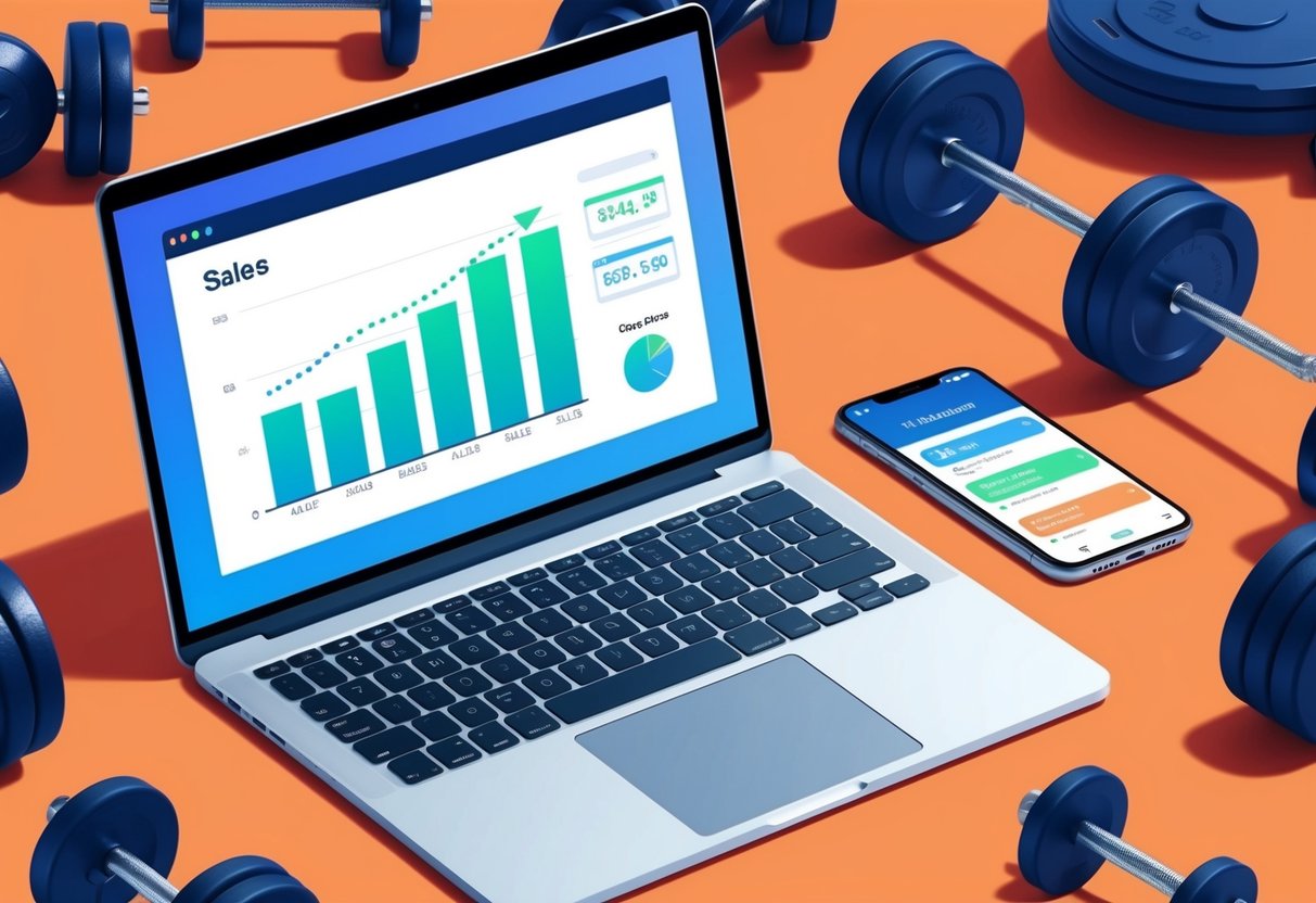 A laptop displaying a graph of declining sales next to a smartphone with unread notifications, surrounded by scattered fitness equipment