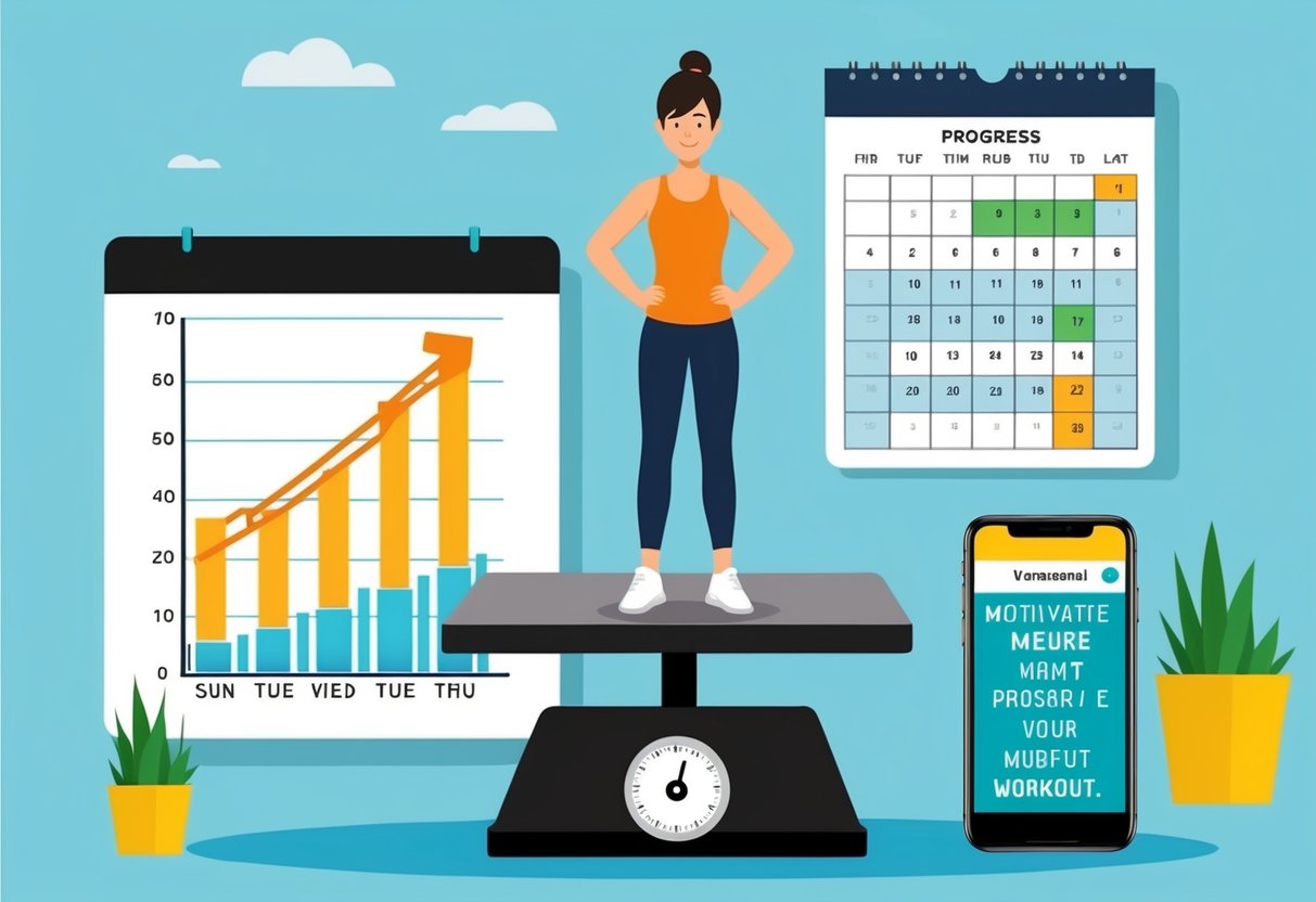 A person standing on a scale with a chart showing progress, a calendar with workout schedule, and a smartphone displaying motivational messages