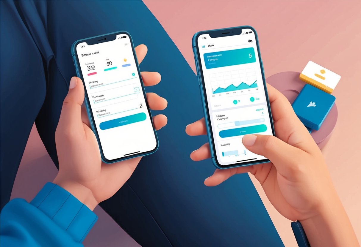 A person logging into a fitness app on their smartphone, setting goals, tracking progress, and receiving virtual coaching and support