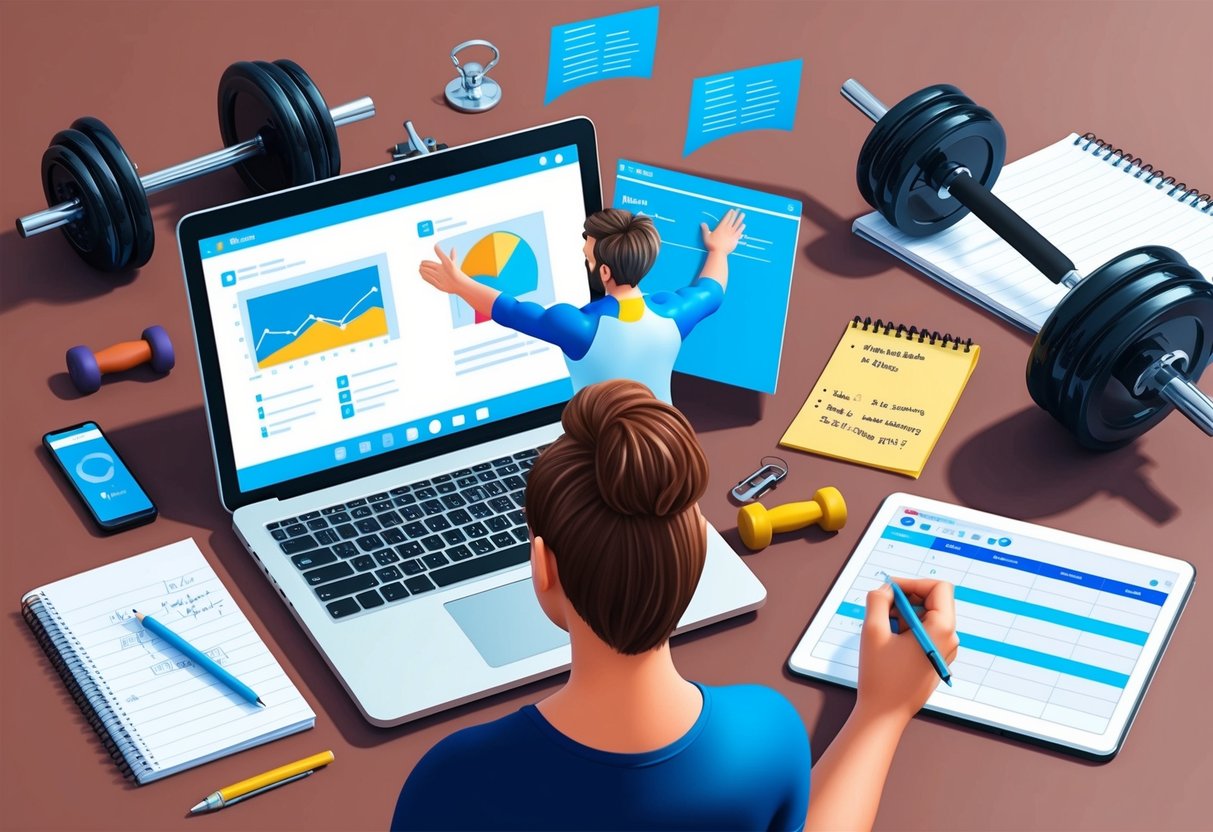 A virtual trainer overlooking a laptop, surrounded by fitness equipment and notes, while correcting mistakes on a digital training plan
