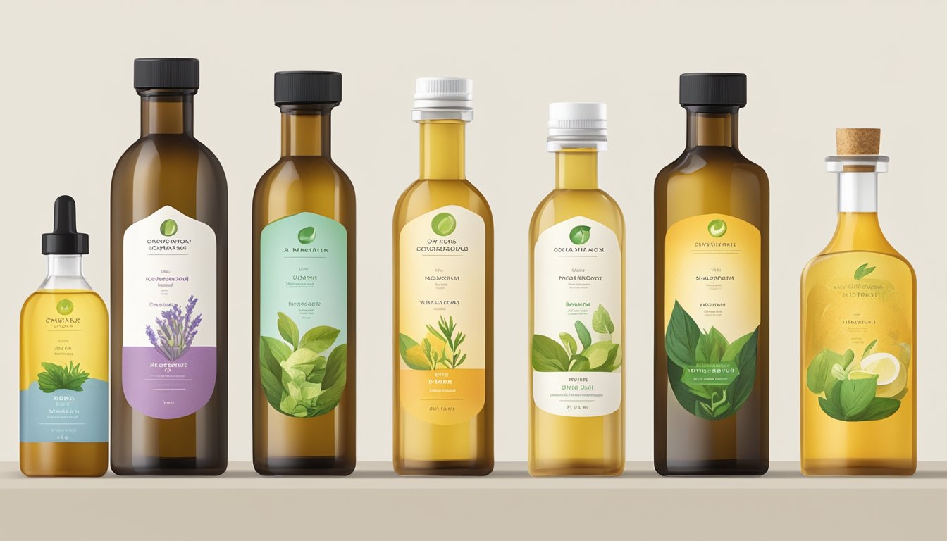 A variety of cold-pressed oils in glass bottles, each labeled with a specific skin concern, arranged on a clean, minimalist table