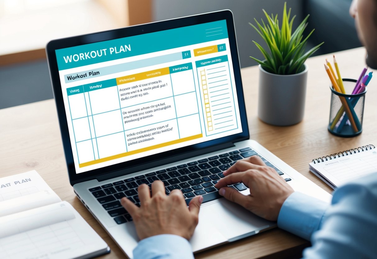 A person's laptop open on a desk, with a workout plan displayed on the screen. A calendar and checklist are visible, emphasizing organization and accountability