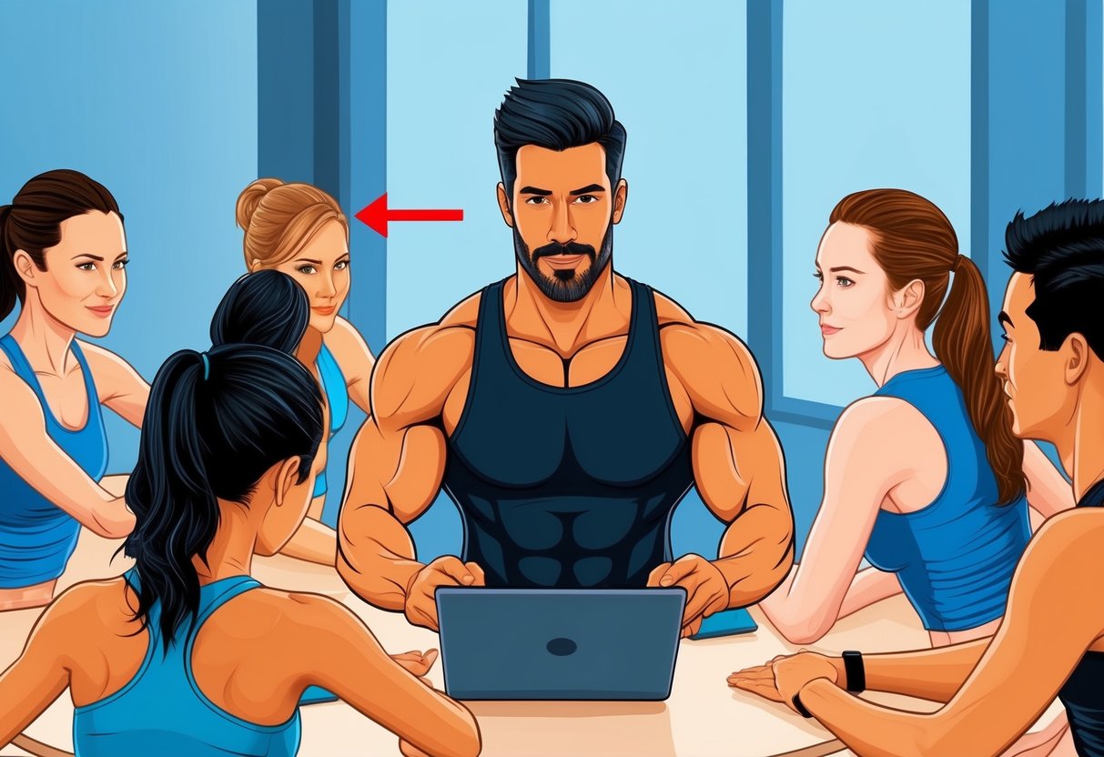 A fitness trainer pointing out common mistakes to a group of clients in an online training session