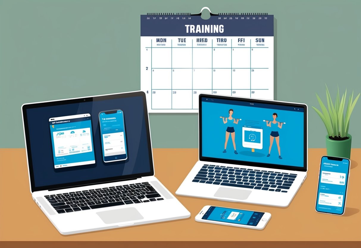 A laptop, tablet, and smartphone arranged neatly on a desk, each displaying a different online training platform. A calendar with scheduled workouts hangs on the wall