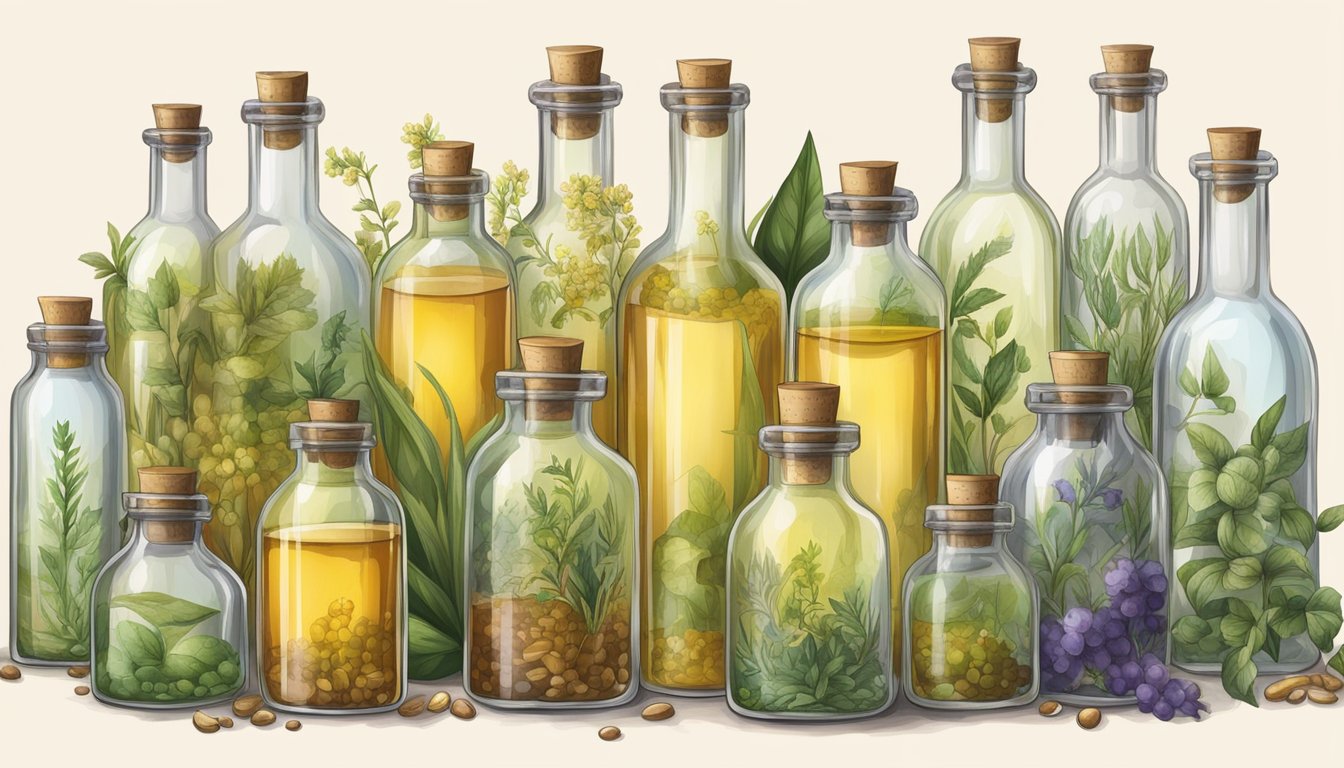 A collection of glass bottles filled with various cold-pressed oils, surrounded by botanical illustrations and scientific equipment