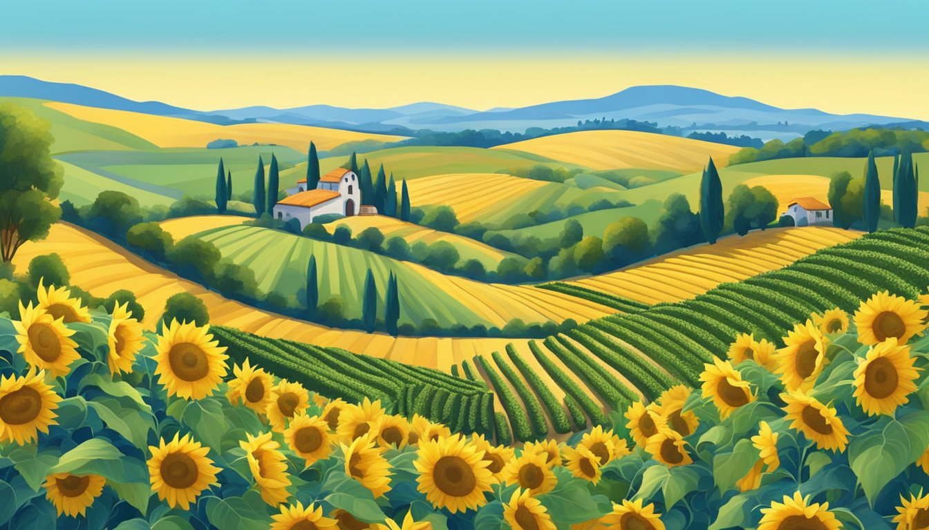 A tranquil farm with rows of sunflowers and olives, surrounded by rolling hills and a clear blue sky