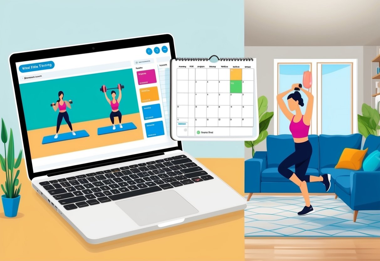 A laptop displaying a virtual personal training session, a calendar with workout schedule, and a person completing a workout in their living room