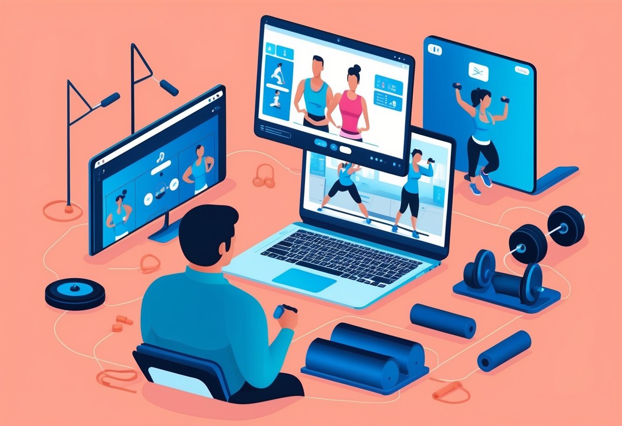 A person exercising at home with a laptop open to a virtual training session, surrounded by workout equipment and feeling motivated